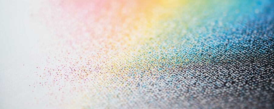 Macro shot shows color ink dots on paper texture. CMYK dots create rainbow effect. Abstract background with pattern of cyan magenta yellow black dots. Small particles form color gradient.