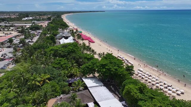 Taperapua Beach At Porto Seguro In Bahia Brazil. Tropical Skyline. Beach Landscape. Native Coconut Trees. Taperapua Beach In Porto Seguro In Brazil. Nature Seascape. Brazil Northeastern.