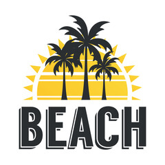 Obraz premium Retro Beach Logo with Palm Trees and Sunset Typography Design