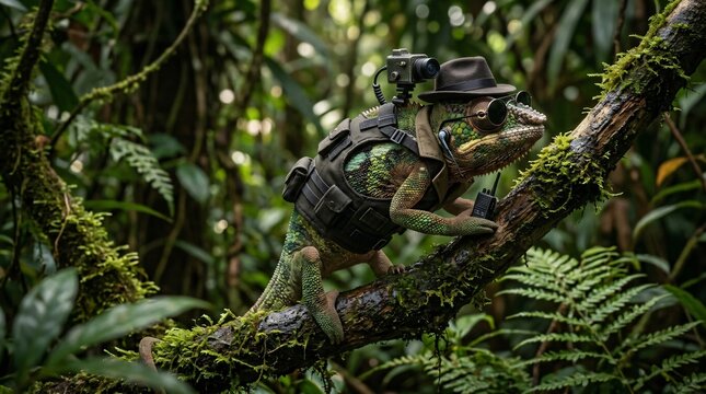 Intrepid chameleon operative in tactical gear and fedora hat equipped with camera and walkie-talkie navigating a vibrant mossy jungle environment for a covert mission.