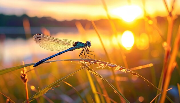 Delicate blue damselfly with iridescent wings rests on grass stalk at sunset