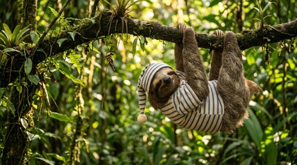 Fototapeta premium Adorable brown sloth in blue and white striped pajamas and a sleep cap hanging upside down from a mossy tree branch in a lush tropical jungle smiling.