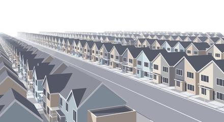 Fototapeta premium Minimalist 3D Illustration of Infinite Suburban Housing Development with Rows of Identical Modern Houses