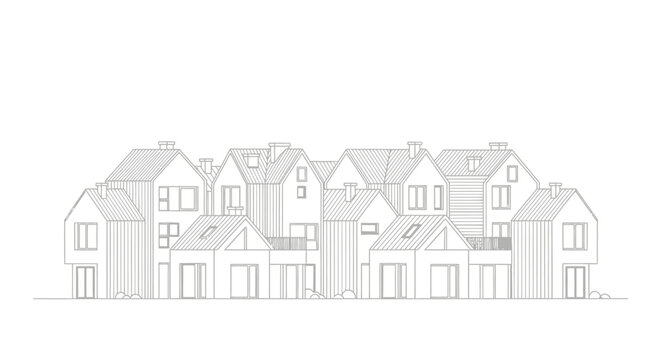 Modern Minimalist Line Drawing of Suburban Houses and Townhomes Architecture Illustration