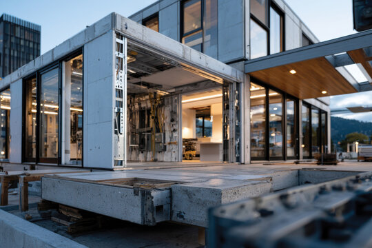A striking modern construction features an open glass facade, emphasizing transparency, spaciousness, and harmonization with the surrounding environment and aesthetics.