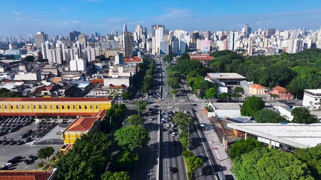 Sao Paulo Skyline At Sao Paulo In Brazil. Highway Road. Downtown District. Highrise Buildings. Sao Paulo Skyline At Sao Paulo In Brazil. 23Rd Of May Avenue In The Downtown City.