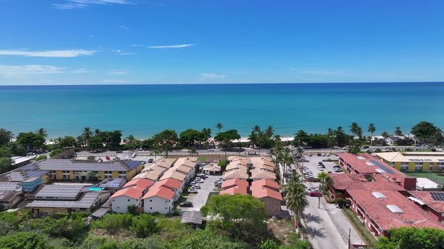 Taperapua Beach At Porto Seguro In Bahia Brazil. Tropical Skyline. Beach Landscape. Native Coconut Trees. Taperapua Beach In Porto Seguro In Brazil. Nature Seascape. Brazil Northeastern.