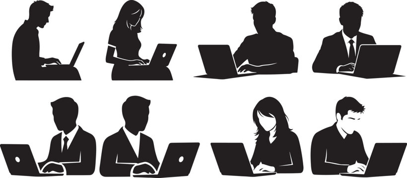 People working on laptops a striking black silhouette. People working on laptop vector illustration.