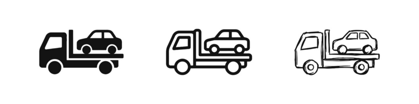 Tow truck with car icon set. Vehicle recovery service symbols. Roadside assistance.