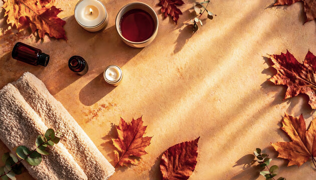 Warm autumn wellness flat lay with tea, skincare products and fall leaves copy space