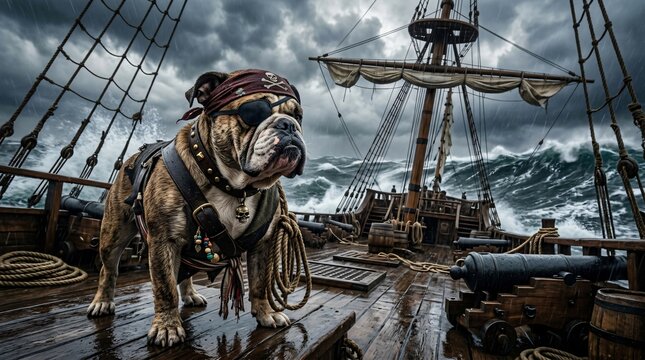 A formidable pirate bulldog in an eye patch and bandana stands guard on a storm-tossed wooden ship deck during a dramatic sea voyage.