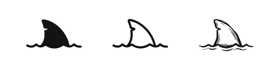 Shark fin in water icon set. Ocean predator symbols. Danger and warning signs. © drawing lines
