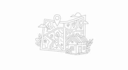 Naklejka premium Minimalist Line Art Illustration of a City Map with House and Location Pins for Real Estate and Navigation Concepts