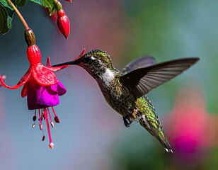 Obraz premium Experience natures vibrant energy with this stunning macro shot of a hummingbird feeding on a fuchsia. Ideal for environmental themes, wildlife blogs, and elegant botanical decor.