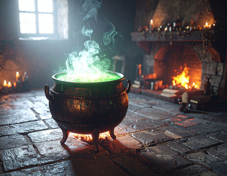 Atmospheric alchemists cauldron bubbling with vibrant green magic. Ancient medieval setting with warm firelight. Ideal for fantasy book covers, gaming, and other occult graphics.
