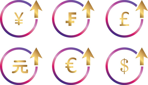 Set of colorful 3D arrow icons and business signs featuring gold vector shapes and web design symbols for currency.