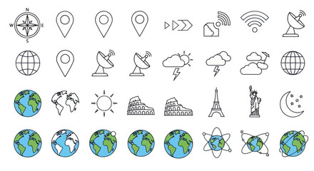 Set of travel and geography line icons including globes monuments and weather symbols © Parade