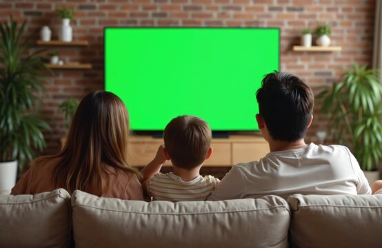 Family of three watches blank green screen TV from behind on sofa. Parents, child relax together indoors. Cozy living room setting with plants, brick wall. Concept for media, home entertainment.