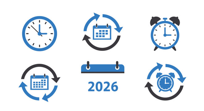 Set of time management icons with calendar and alarm clock for 2026 planning.