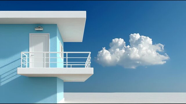 Blue house with white balcony and door, clouds drifting in the clear sky, showcasing a serene outdoor scene with bright sunlight illuminating the structure