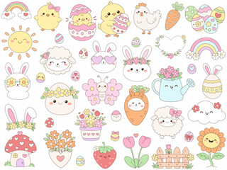 Fototapeta premium Cute spring garden illustrations featuring bunnies, chicks, flowers, and colorful eggs evoke joy