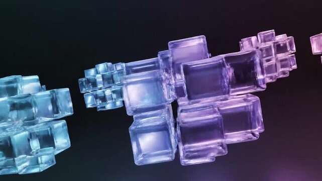 Abstract close-up of stacked translucent glass-like cubes forming twisting columns on dark gradient background