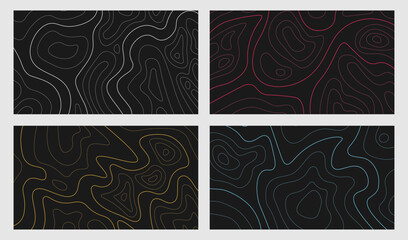 Vector illustration. Abstract dark topographic map background with colorful contour lines. Minimalist geographic terrain pattern for modern dark mode web design. Liquid dynamic lines © VVadi4ka