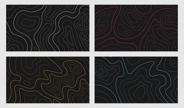 Vector illustration. Abstract dark topographic map background with colorful contour lines. Minimalist geographic terrain pattern for modern dark mode web design. Liquid dynamic lines