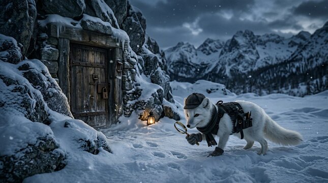 White arctic fox detective with deerstalker hat magnifying glass investigates snow tracks near mysterious wooden door in winter mountains.
