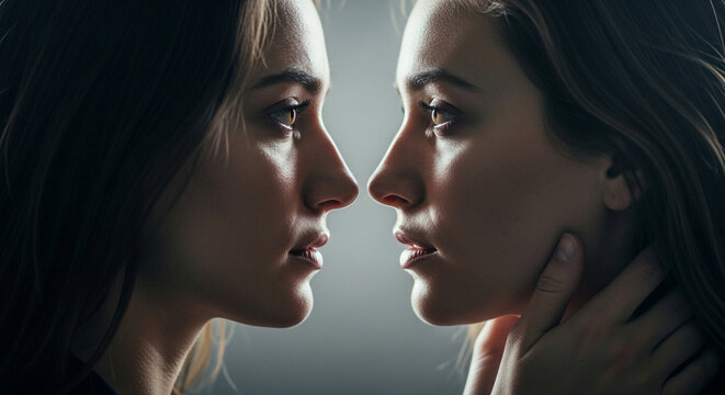 two women faces close together in dramatic lighting