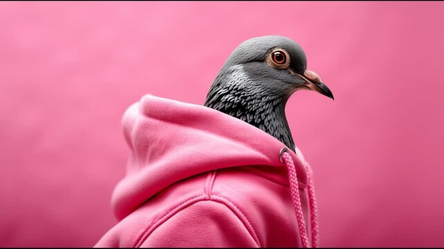 Pigeon wearing a pink hoodie poses against a solid pink background, showcasing its unique style and vibrant color in a playful and whimsical manner