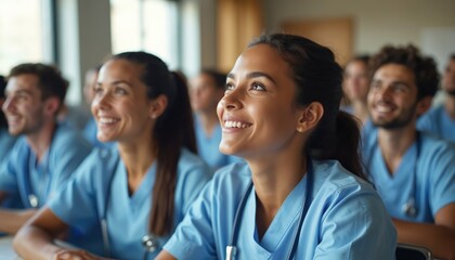 Fototapeta premium Young medical students attend class in blue scrubs with stethoscopes. Diverse group listens attentively in lecture hall, preparing for healthcare careers. Future doctors and nurses.