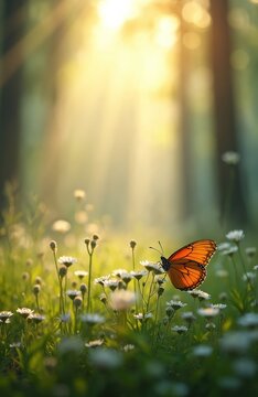 Orange butterfly rests on white wildflowers in sunlit forest glade. Gentle sunbeams pierce trees illuminating green grass. Nature and wildlife scene.