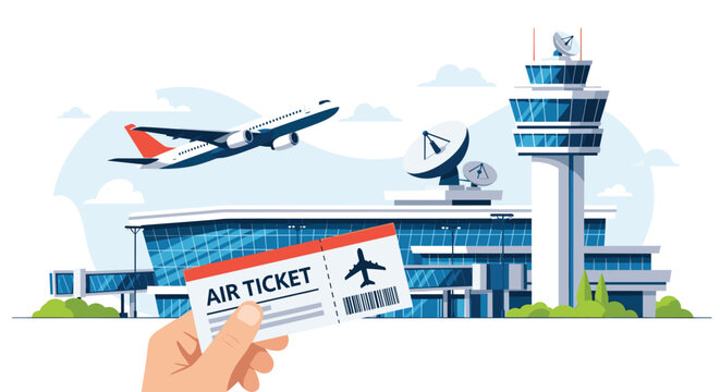 Hand holding an airplane ticket in front of a modern airport terminal with a plane taking off in the distance.