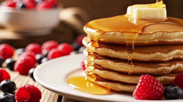 A stack of golden pancakes topped with melting butter and dripping maple syrup, surrounded by fresh red raspberries and dark blueberries on a rustic wooden surface.