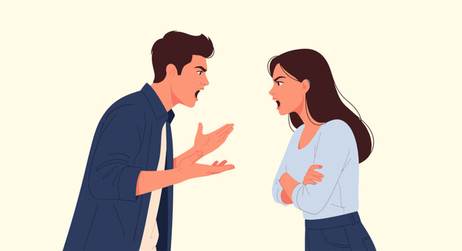 Couple arguing intensely with angry expressions