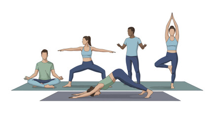 Fototapeta premium Group of people practicing yoga poses with a fitness instructor in a studio illustration.