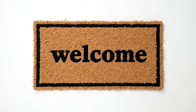 Brown textured doormat with black border and the word welcome in black letters welcomes guests. This mat is for home or office entrance areas.