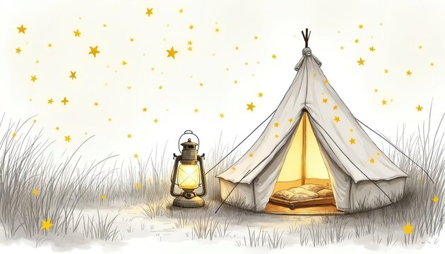 Illustration of a campsite at night with a glowing tent and lantern. Stars twinkle in the sky above tall grass. Cozy and magical outdoor scene perfect for adventure or relaxation.