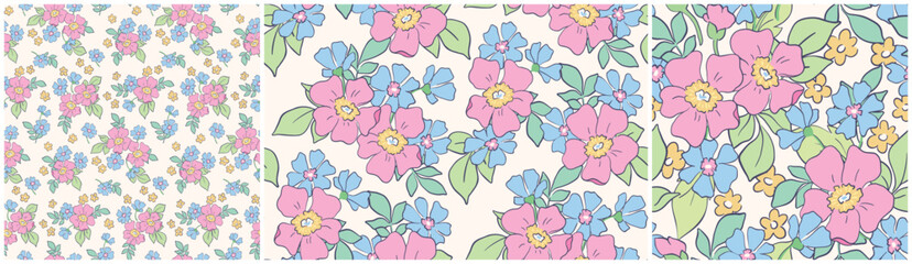 Seamless floral pattern, liberty ditsy print in delicate spring colors. Cute botanical design collection of small hand drawn flowers, tiny leaves, simple romantic bouquets. Vector illustration. © Yulya i Kot