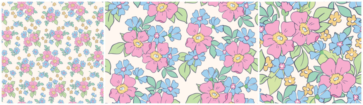 Seamless floral pattern, liberty ditsy print in delicate spring colors. Cute botanical design collection of small hand drawn flowers, tiny leaves, simple romantic bouquets. Vector illustration.