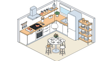 Fototapeta premium Detailed isometric view of a modern kitchen interior with white cabinets, built in appliances, and a central circular dining table.