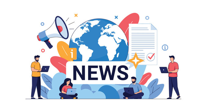 Global news and media communication concept featuring journalists working on laptops around a large world globe and a megaphone.