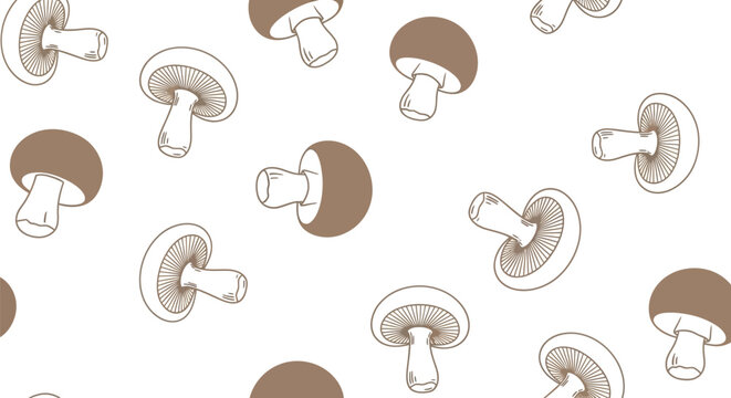 Seamless mushroom pattern with flat design outline illustration. Edible fungi art.