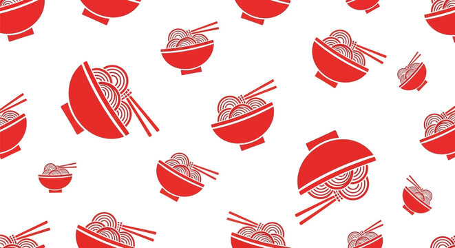 Seamless pattern of red ramen noodle bowls with chopsticks, flat design vector illustration