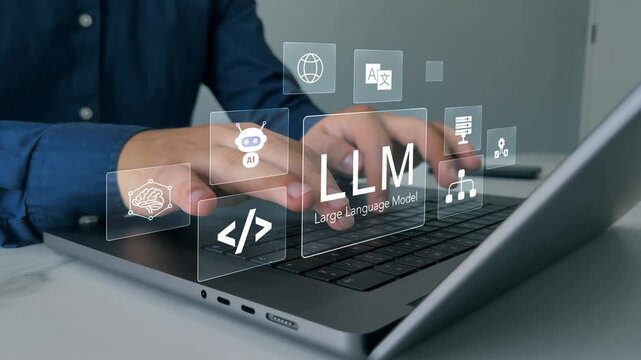 Large language model(LLM) with AI technology.User working on laptop in LLM,Data performrange language tasks,answering questions, summarizing information, translating languages, writing code.