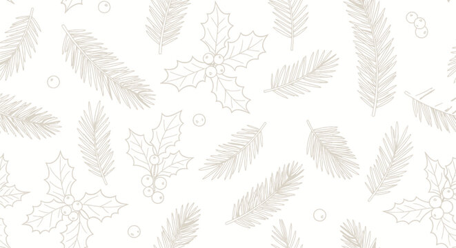 Minimalist Christmas pattern with holly and pine branches