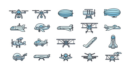 Collection of stylized icons representing various aircraft and flying machines. © Tukang