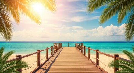 Fototapeta premium Tropical paradise wooden pier leading to turquoise waters under a bright sky
