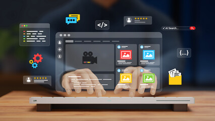 Web Design and App Development Concept. UX-UI Design, User Experience, Modern Interface Designing, Creative Planning and Data Visualization. Web Developer Working on a Website. 3D illustration © DETHAL